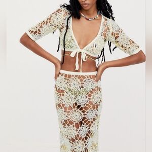 For Love & Lemons Sofia Set Swim Coverup See Through Crochet Crop Top Midi Skirt